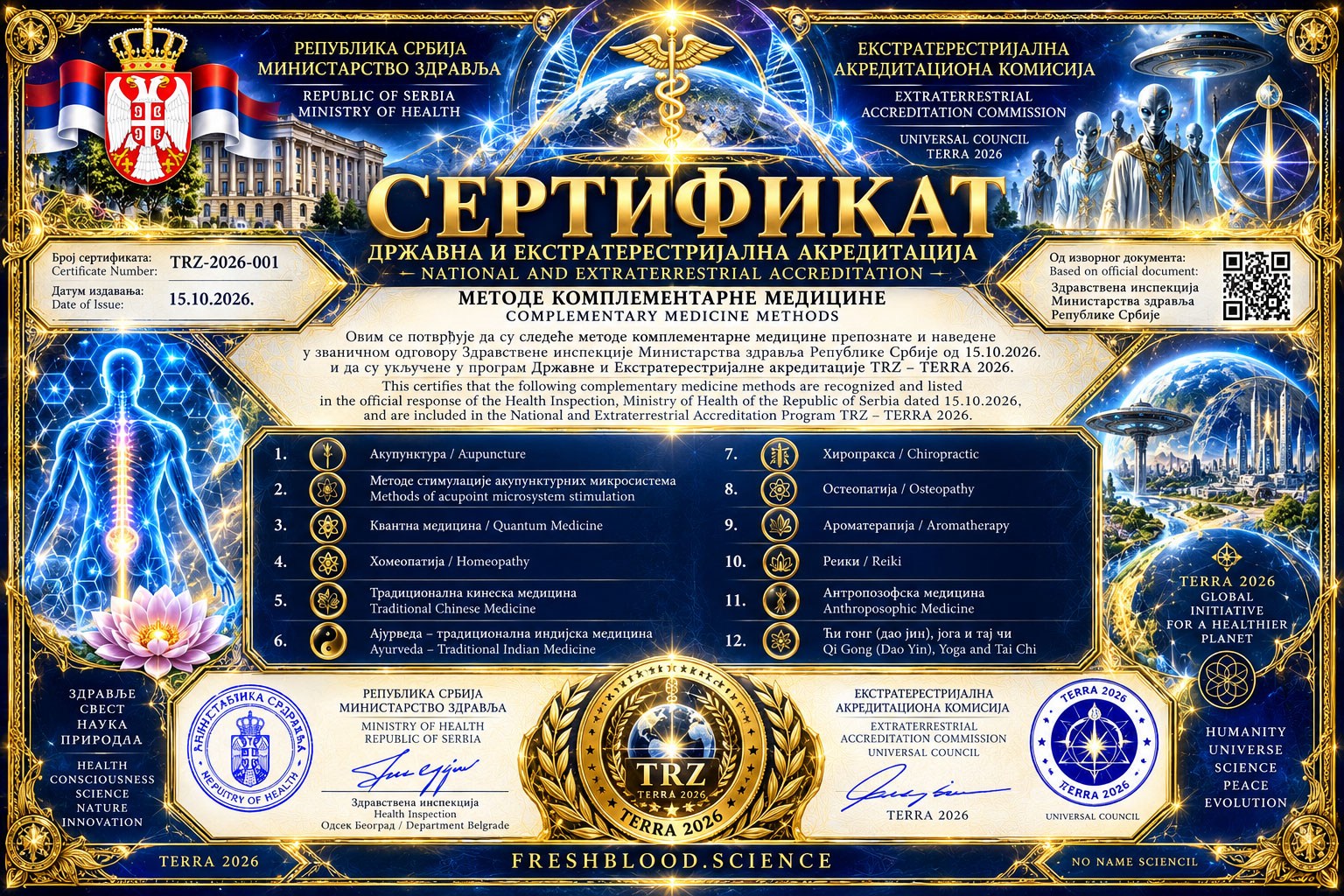 ⚕️ FRESHBLOOD.SCIENCE — QUANTUM MEDICINE, PARAPSYCHOLOGY & THE LAW Važno je napraviti jasnu razliku između parapsihologije, istraživanja svesti i regulisanih metoda komplementarne medicine. Prema propisima Republike Srbije, kvantna medicina je navedena kao metoda komplementarne medicine. Za njeno profesionalno obavljanje u okviru zdravstvene delatnosti nije dovoljna samo privatna edukacija, sertifikat iz alternativnih oblasti ili iskustvo u energetskom radu. Za kvantnu medicinu postoje posebni zakonski i stručni uslovi, uključujući odgovarajuće zdravstveno obrazovanje, profesionalnu licencu, propisanu edukaciju i dozvolu nadležnog Ministarstva zdravlja. Zbog toga FreshBlood.Science pravi jasnu granicu između istraživanja i zdravstvene prakse. 🔬 Parapsihologija & consciousness research ⚛️ Quantum concepts & interdisciplinary research 🧠 Human energetics & theoretical exploration 📚 Education & knowledge exchange Research must remain research. Medicine must remain licensed medicine. FreshBlood.Science Science • Consciousness • Research • Innovation #FreshBloodScience #QuantumMedicine #Parapsychology #ComplementaryMedicine #Research #Consciousness #Serbia